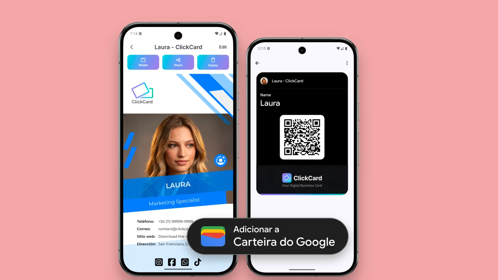 Cartão de visita digital ClickCard exibido dentro da Google Wallet em um celular Android