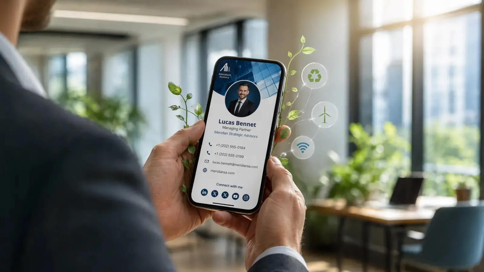 Profissional compartilhando um cartão de visita digital ClickCard em um smartphone, com folhas verdes e ícones de sustentabilidade sobrepostos, simbolizando a tecnologia sustentável no networking.