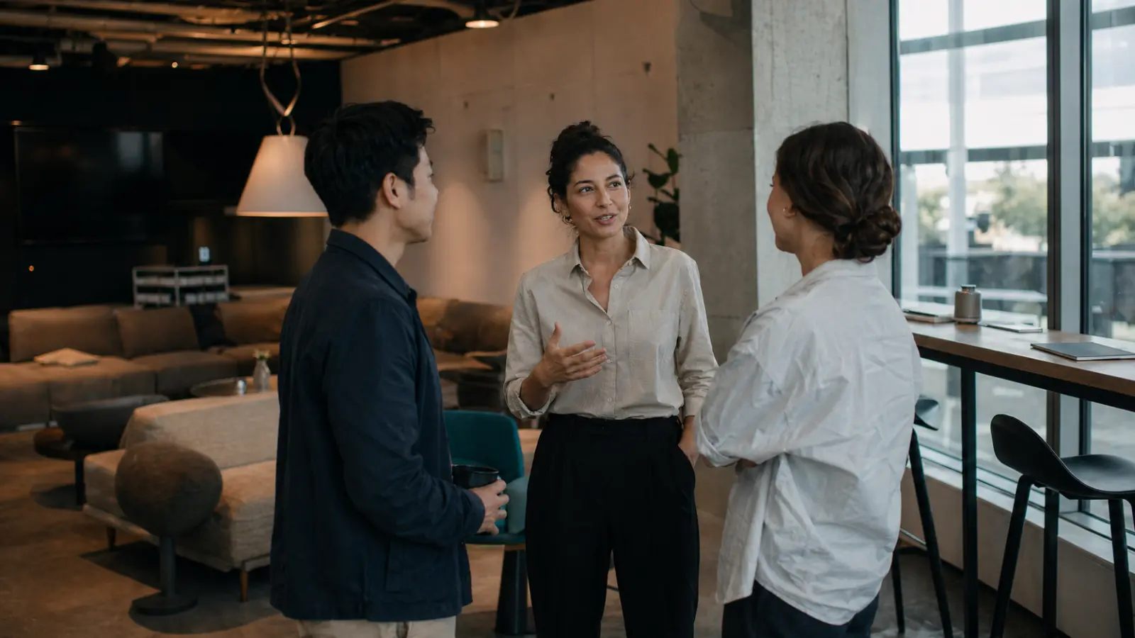 Tres profesionales conversando en un espacio moderno de coworking, mientras una persona habla y las demás escuchan