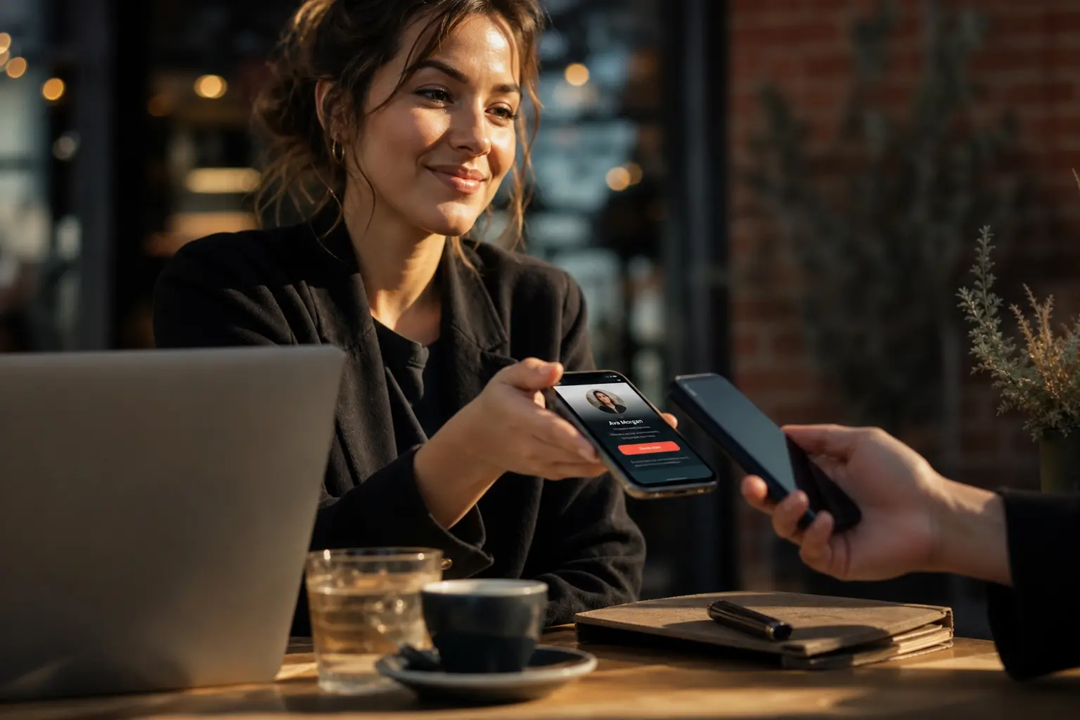 Digital entrepreneur tapping a smartphone to share a ClickCard digital business card during a remote work session