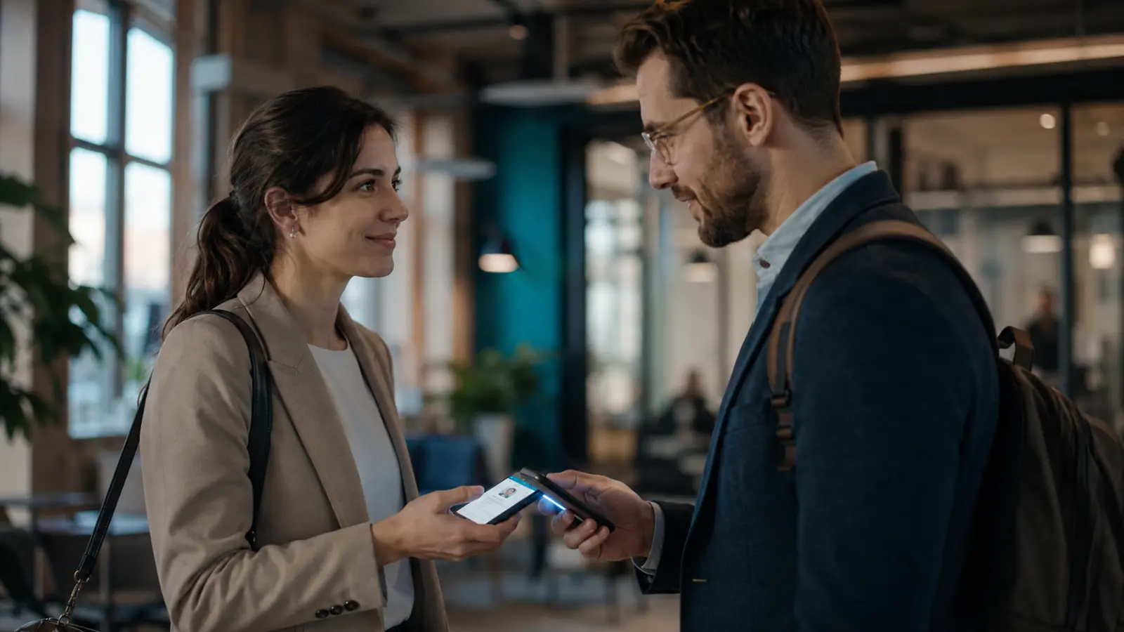 Dos profesionales intercambiando contactos al acercar un smartphone que muestra una tarjeta de presentación digital después de una reunión de networking.
