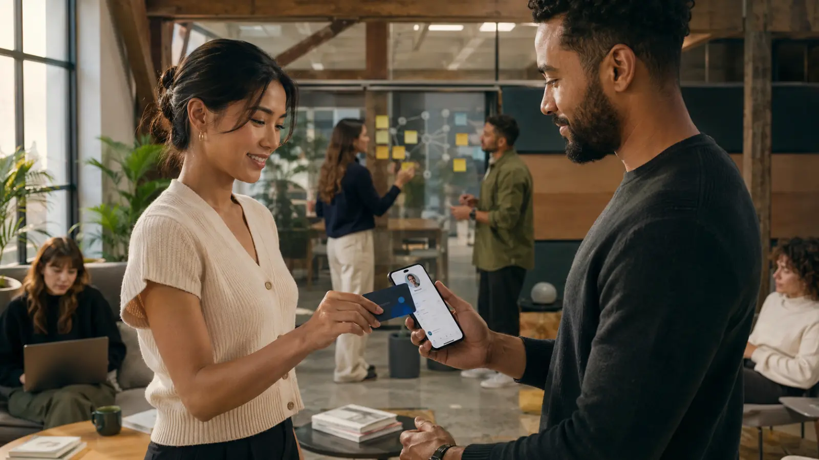 Equipe multidisciplinar em coworking moderno compartilhando um cartão de visita digital por NFC em um smartphone