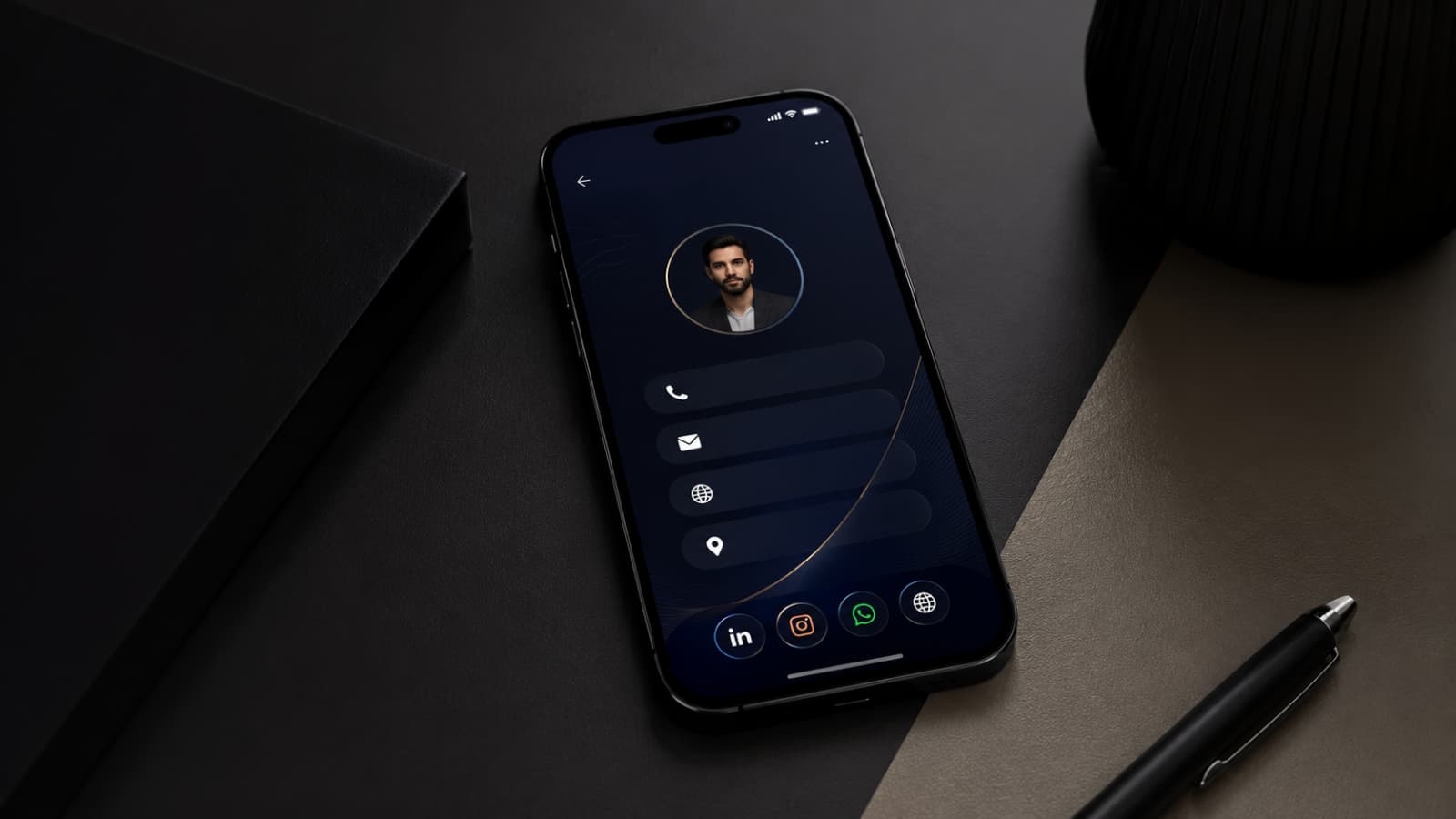 Modern smartphone displaying a digital business card in an elegant dark-themed interface, placed on a sophisticated graphite-toned table. The minimalist setting features soft lighting, a premium finish and discreet corporate elements, conveying professionalism, technology and digital networking. Ideal for representing digital business card solutions, professional identity and online contact sharing.
