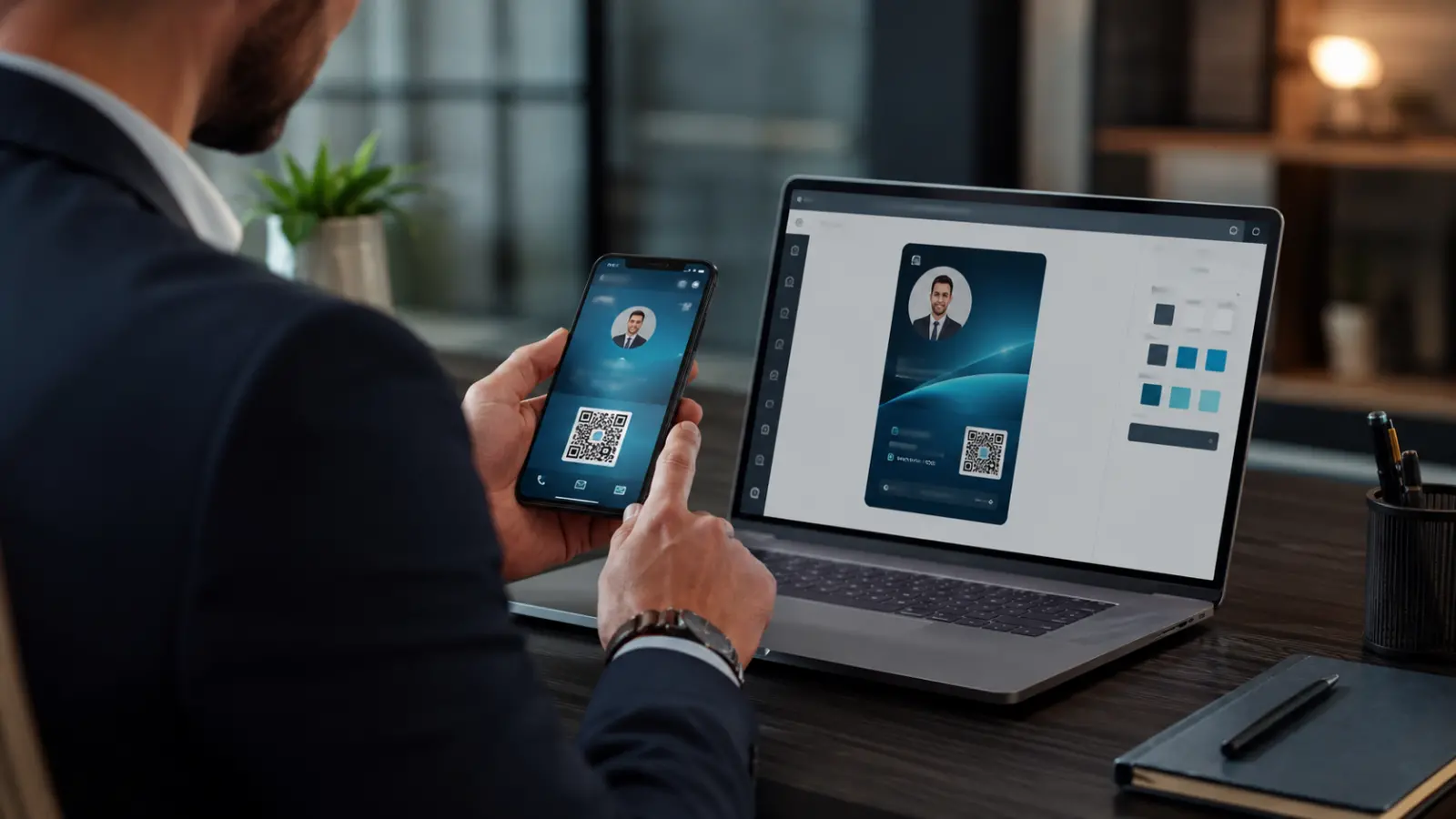 Person creating a digital business card on a smartphone and laptop.