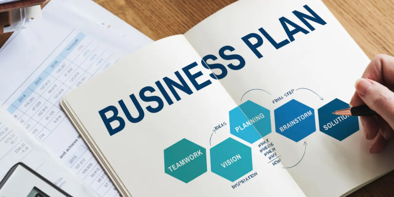 Open notebook showing a business plan with illustrative charts.