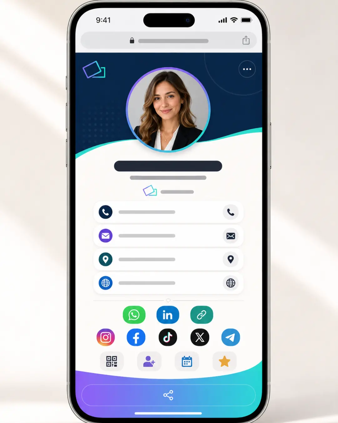 Exemplo de perfil completo de cartão de visita digital ClickCard no navegador do celular, com foto, botões de contato, redes sociais e ação de salvar contato