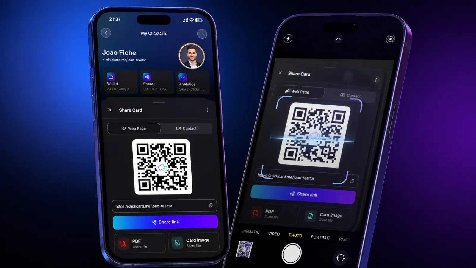 Tela de compartilhamento do cartão de visita digital ClickCard: um celular exibe o QR Code enquanto outro escaneia com a câmera