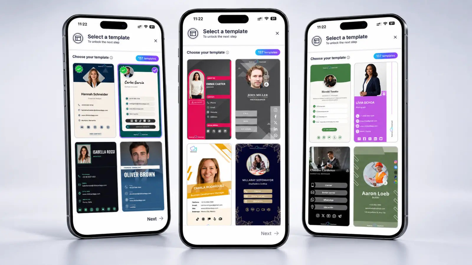 Galeria de modelos do ClickCard com designs de cartão de visita digital em três celulares