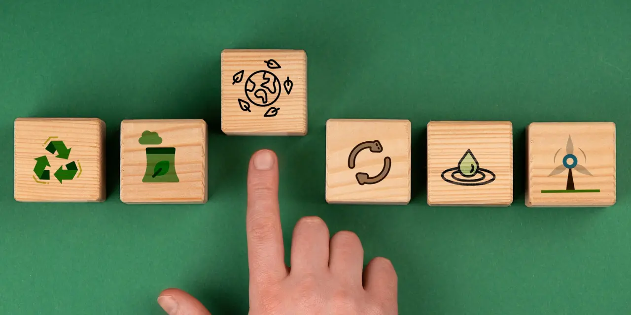 Una mano que señala los bloques de madera sobre un fondo verde, cada bloque presenta un icono que representa la sostenibilidad ambiental, incluido el reciclaje, la energía limpia, los procesos ecológicos, la conservación del agua y la energía renovable.