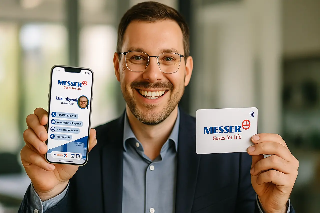 Empresario sonriente con una chaqueta azul marino que sostiene un teléfono inteligente que muestra una tarjeta de presentación digital y una tarjeta NFC con el logotipo de Messer «Gases for Life» en un entorno de oficina moderno.