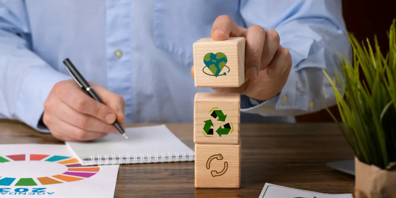 Pessoa organizando blocos de madeira com ícones de sustentabilidade sobre uma mesa de trabalho.