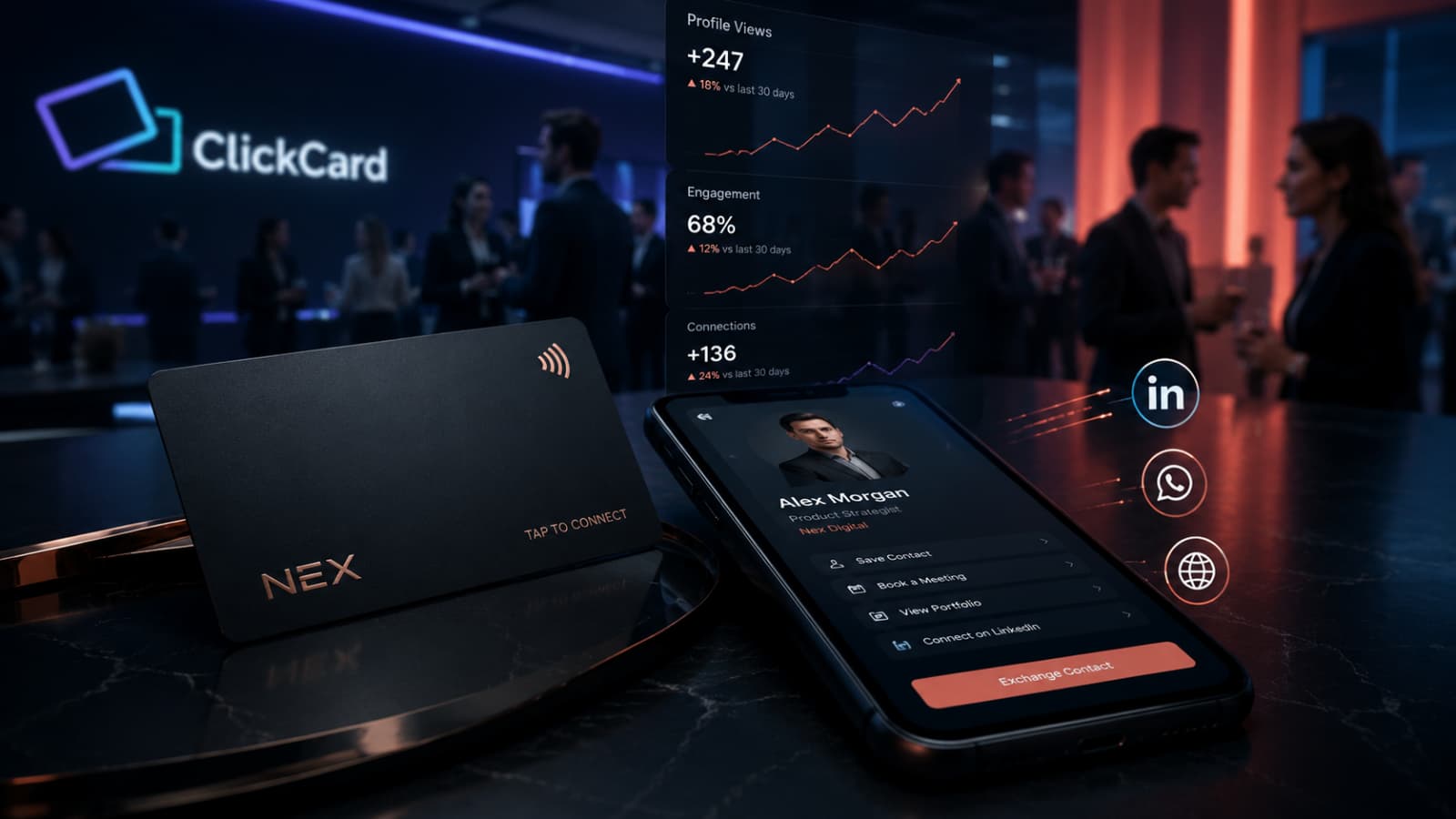 Escena cinematográfica de networking moderno con tarjeta NFC, perfil digital en smartphone y la identidad premium de ClickCard al fondo.