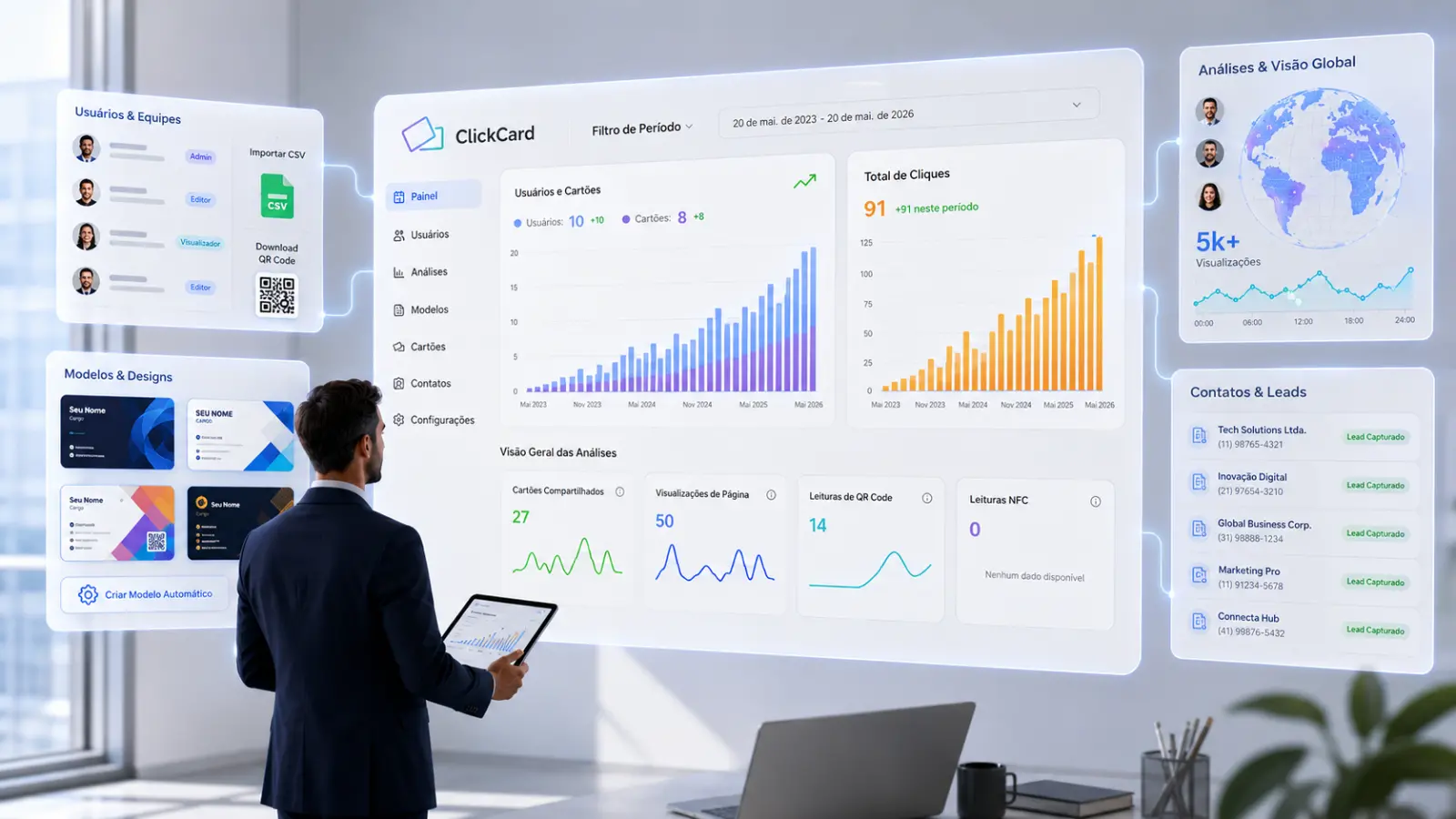 Profesional de negocios moderno interactuando con un dashboard de análisis futurista de ClickCard en un entorno de oficina luminoso. La interfaz muestra gestión de usuarios, plantillas de tarjetas de presentación, análisis de interacción, seguimiento de códigos QR y paneles de visualización global conectados mediante una interfaz holográfica limpia. Diseño minimalista en blanco y azul con iluminación realista, paneles de datos flotantes y estética de tecnología corporativa.